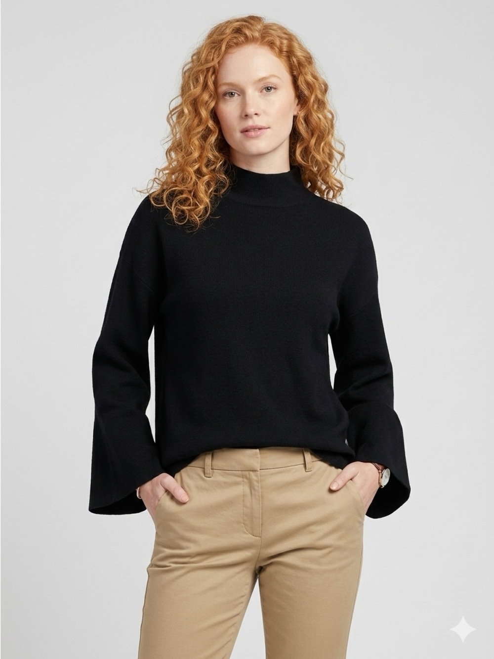 Evereve‎ Black Mock Neck Bell Sleeve Knit Sweater - Size Small